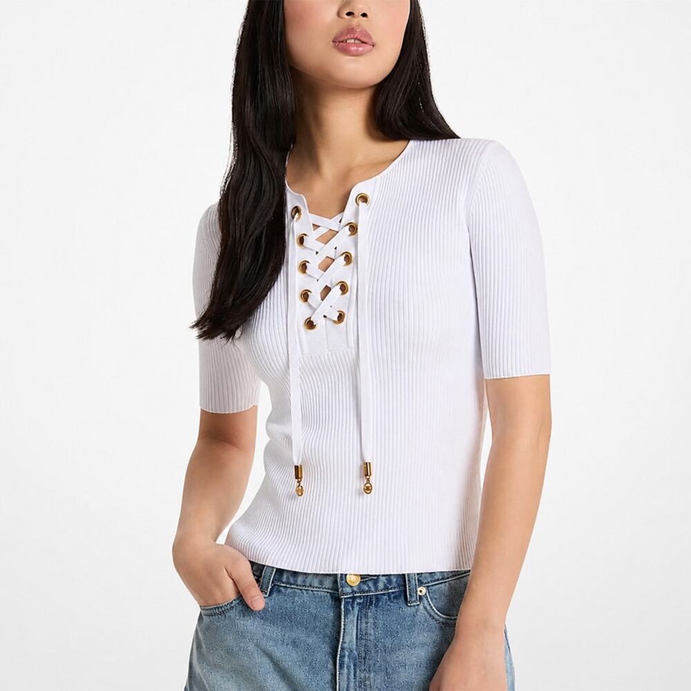 Michael Kors Ribbed Stretch Lace-Up Top Size S